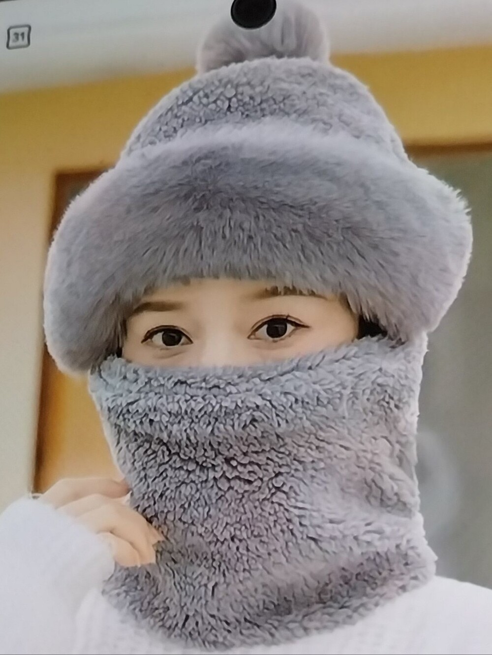 Cozy One Piece Hooded Faux Fur Gray Hat And Neck Warmer